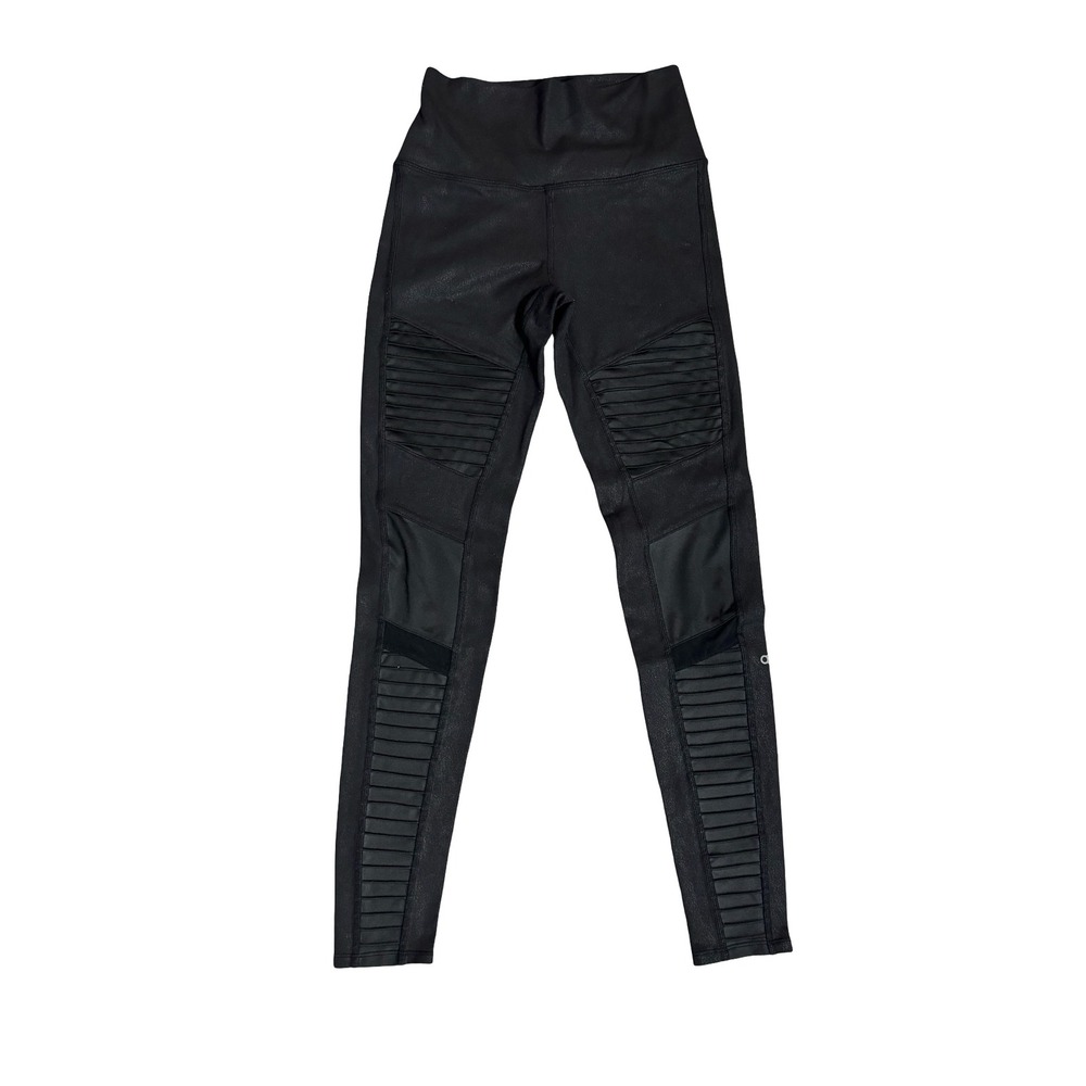 Alo Yoga High-Waist Moto Leggings S Black Glossy Quilted Mesh Activewear - Picture 3 of 8